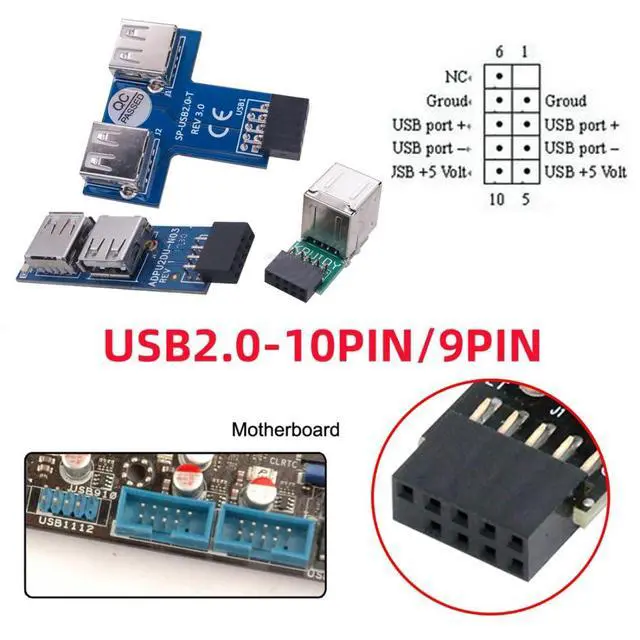 Alt view image 3 of 7 - 3 Pack Motherboard 9Pin/10Pin Front Panel Header 1 to 2 USB 2.0 Type A Female Flat Type Converter Adapter