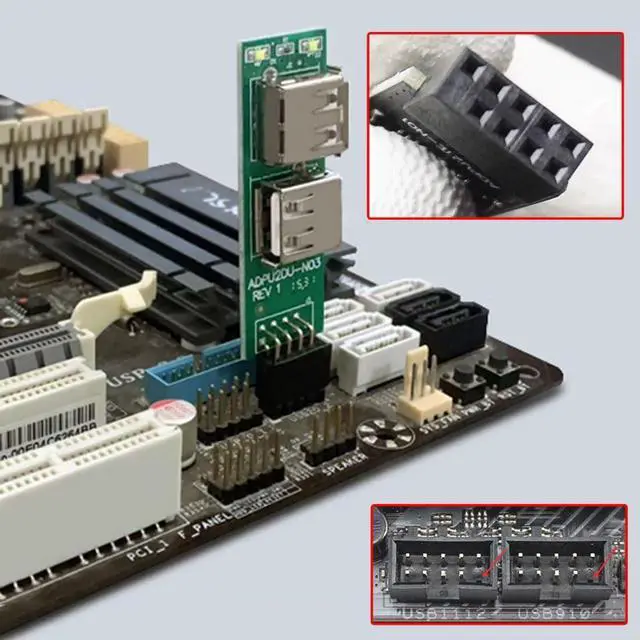 Alt view image 6 of 7 - 3 Pack Motherboard 9Pin/10Pin Front Panel Header 1 to 2 USB 2.0 Type A Female Flat Type Converter Adapter
