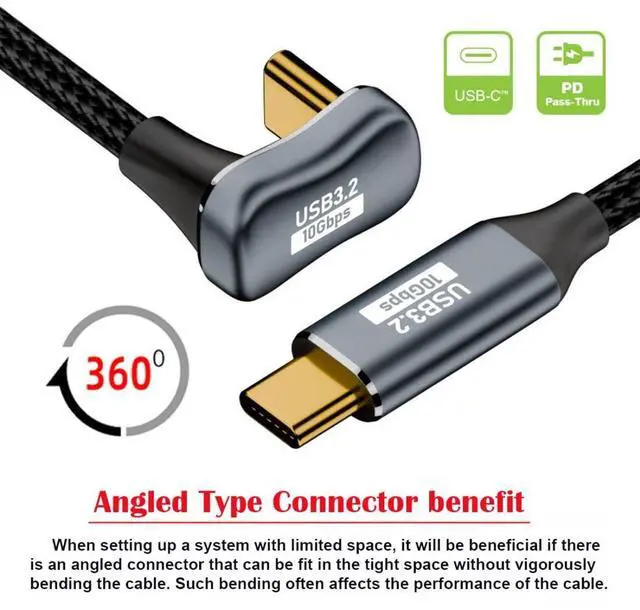 Alt view image 7 of 7 - USB C to C Cable USB 3.2 Type C 10Gbps 100W Male to Male U Shape Angled Extension Data Cable 1.0M