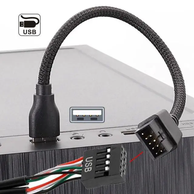 Alt view image 2 of 7 - Motherboard 9/10Pin Male to USB 2.0 Male External Extension Nylon Braided Cable 20cm