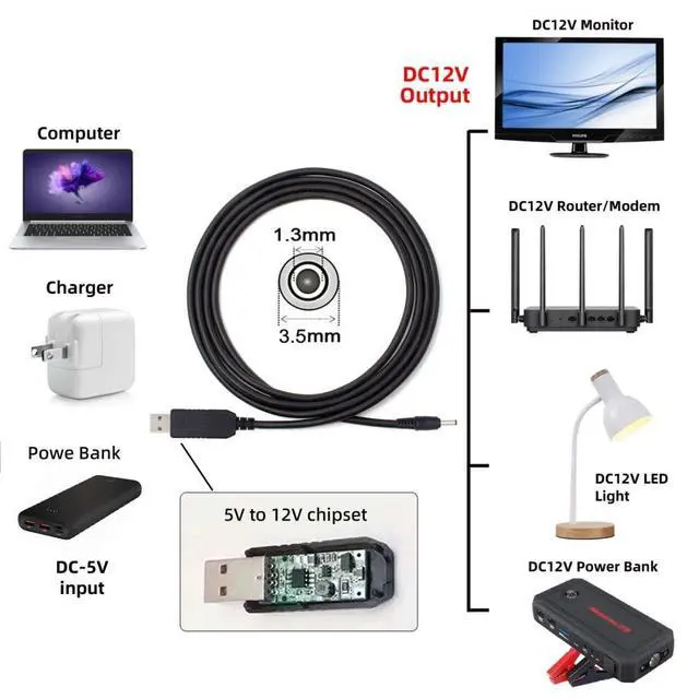 Alt view image 5 of 7 - USB Boost Charging Cable 3.28FT,USB 2.0 DC 5V to DC 12V 3.5x1.35mm Boost Power Cable for Router/Optical Modem