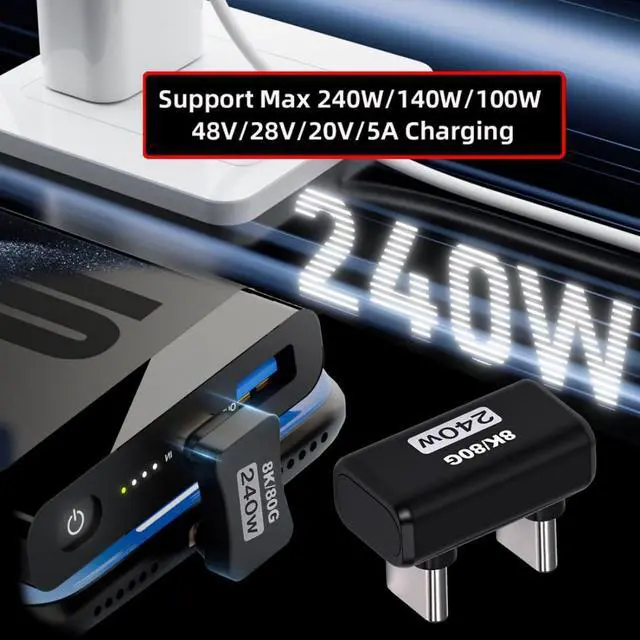 Alt view image 2 of 7 - USB C Extender Adapter,USB 5.0 Type C Male to Male 180 Degree Angled Adapter Support 80Gbps Data Transfer PD 240W Fast Charging 16K/8K/5K Video Output