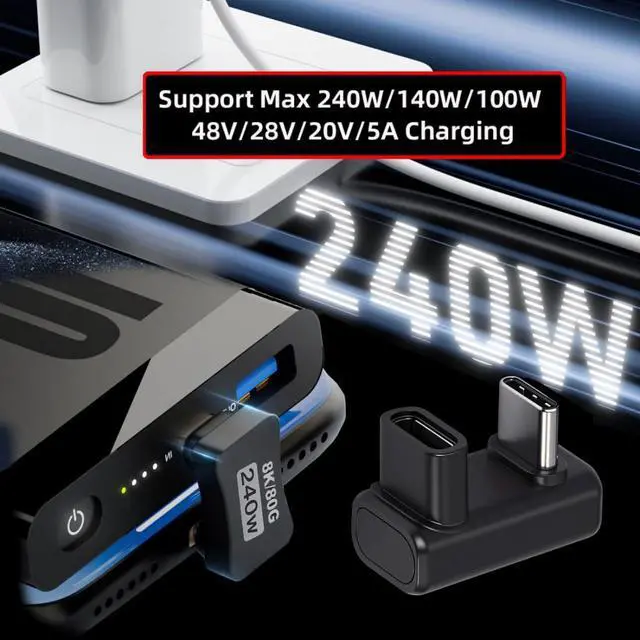Alt view image 2 of 7 - USB C Extender Adapter,USB 5.0 Type C Male to Female 180 Degree Angled Adapter Support 80Gbps Data Transfer PD 240W Fast Charging 16K/8K/5K Video Output