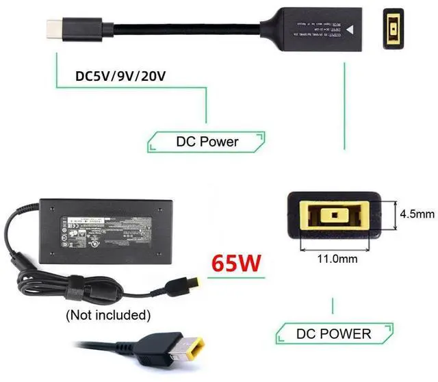 Alt view image 5 of 7 - USB C 65W Charge Converter for DC Thinkpad X1 to USB C 5V 9V 20V Power Plug Charge Cable