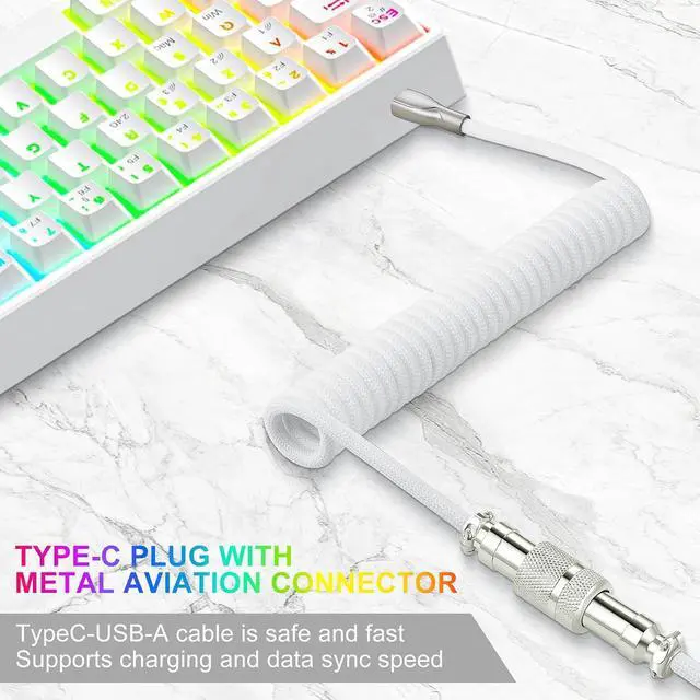 Alt view image 4 of 4 - USB C Keyboard Cable, USB C to USB A Cable for Gaming Coiled Keyboard, Braided Detachable Metal Aviator Connector Double Sleeved 6FT(White)