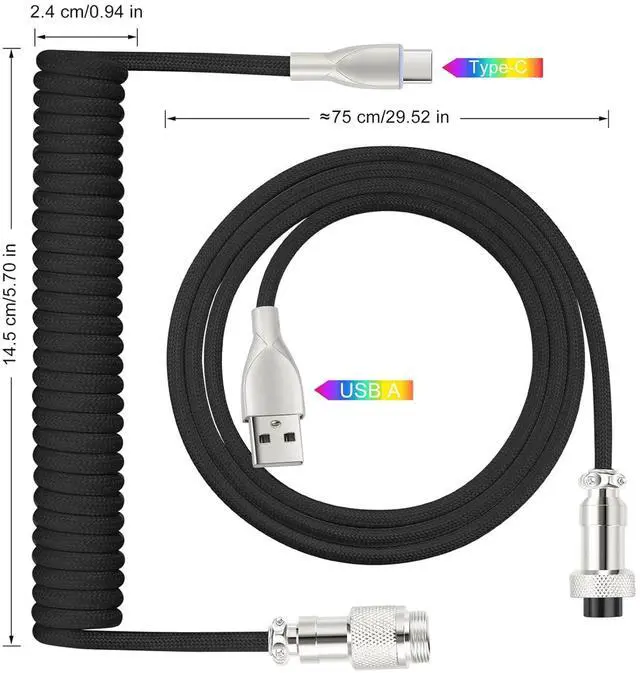 Alt view image 2 of 4 - USB C Keyboard Cable, USB C to USB A Cable for Gaming Coiled Keyboard, Braided Detachable Metal Aviator Connector Double Sleeved 6FT(Black)