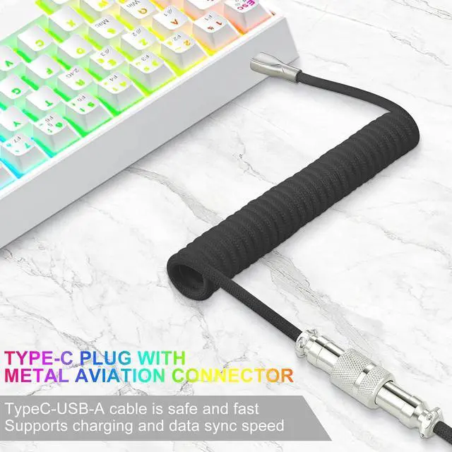 Alt view image 4 of 4 - USB C Keyboard Cable, USB C to USB A Cable for Gaming Coiled Keyboard, Braided Detachable Metal Aviator Connector Double Sleeved 6FT(Black)