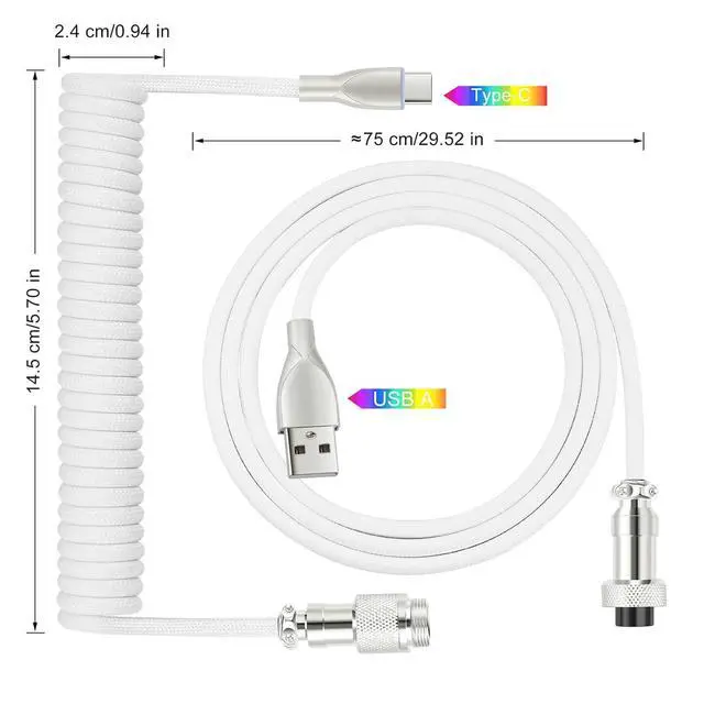 Alt view image 2 of 4 - USB C Keyboard Cable, USB C to USB A Cable for Gaming Coiled Keyboard, Braided Detachable Metal Aviator Connector Double Sleeved 6FT(White)