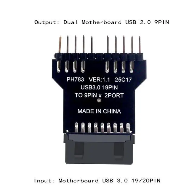 Alt view image 2 of 5 - USB 3.0 19/20 PIN to Dual Motherboard USB 2.0 9PIN Adapter, Black PCB Board, Computer Internal Header Converter