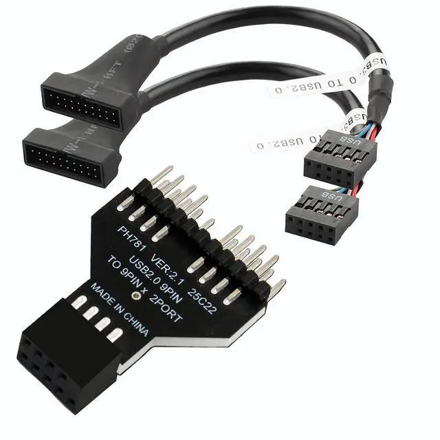 Main image of USB 2.0 Motherboard 9-Pin Header to Dual Port Adapter, Internal USB Splitter, Paired with 2pcs 9-pin to 19 pin Extension Cables, Black