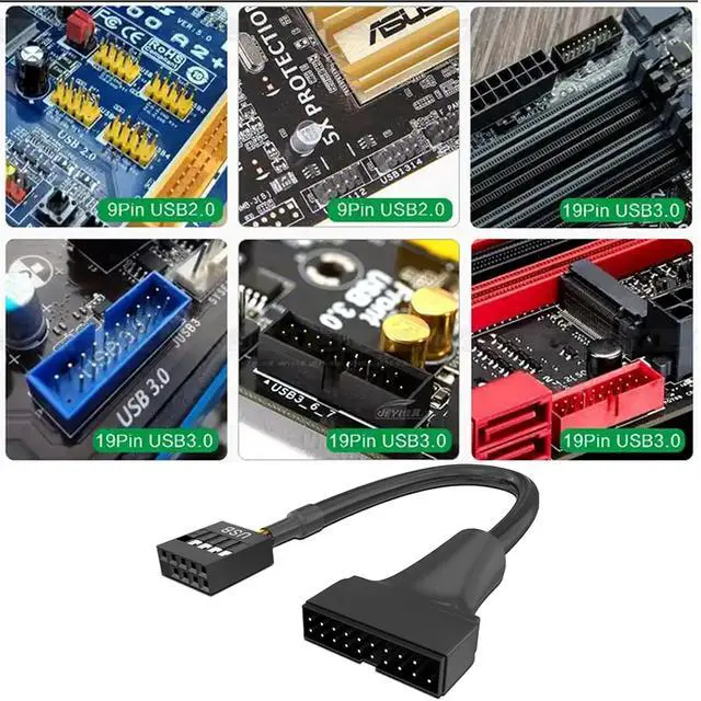 Alt view image 3 of 6 - USB 2.0 9-Pin to USB 3.0 19-Pin Adapter Cable - Internal Motherboard Converter for Front Panel USB 3.0 Type-A Female Port, Black (0.1m 3-Pack)