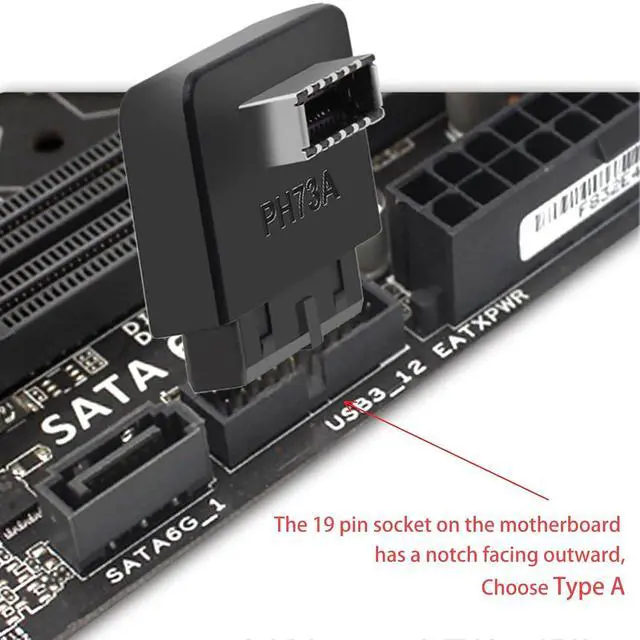 Alt view image 3 of 5 - USB 3.0 to USB Type-E (Key A) 90 Degree Right Angle Adapter for 19/20 Pin Motherboard Header Internal Front Panel USB C Bracket with Plastic Housing A