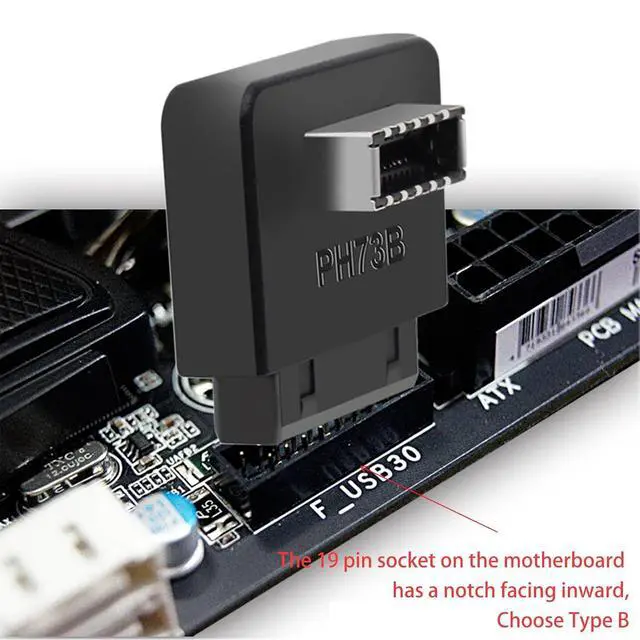 Alt view image 3 of 5 - USB 3.0 to USB Type-E (Key A) 90 Degree Right Angle Adapter for 19/20 Pin Motherboard Header Internal Front Panel USB C Bracket with Plastic Housing B