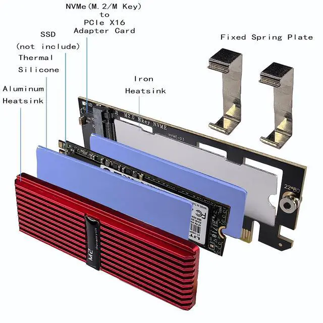 Alt view image 2 of 7 - M.2 NVMe SSD to PCIe X16 Adapter Card, Red Aluminum Heatsink, Fixed Spring Plate, Thermal Silicone Cooling Solution