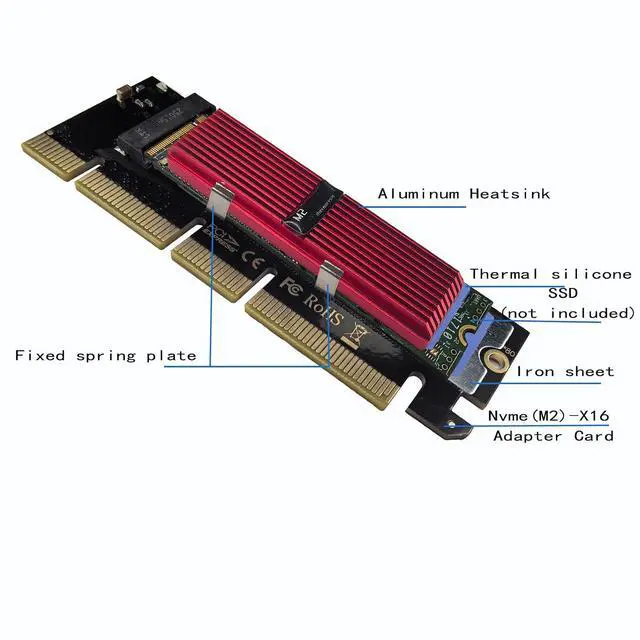 Alt view image 3 of 7 - M.2 NVMe SSD to PCIe X16 Adapter Card, Red Aluminum Heatsink, Fixed Spring Plate, Thermal Silicone Cooling Solution