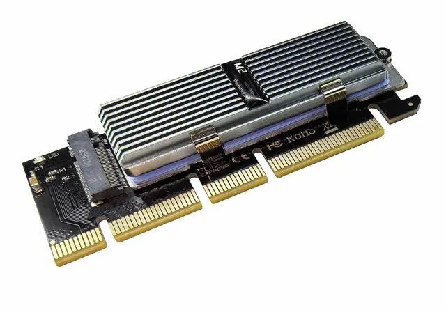Main image of M.2 NVMe SSD to PCIe X16 Adapter Card, Silvery White Aluminum Heatsink, Fixed Spring Plate, Thermal Silicone Cooling Solution