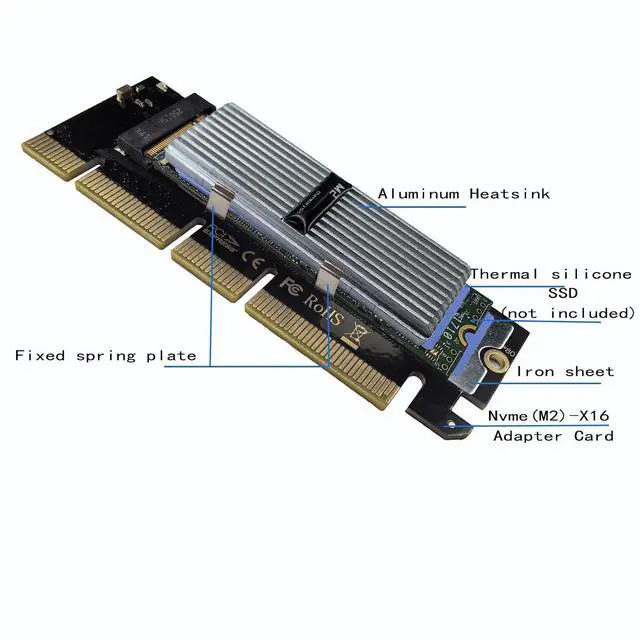 Alt view image 3 of 7 - M.2 NVMe SSD to PCIe X16 Adapter Card, Silvery White Aluminum Heatsink, Fixed Spring Plate, Thermal Silicone Cooling Solution