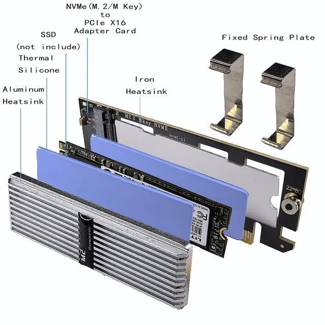 Alt view image 2 of 7 - M.2 NVMe SSD to PCIe X16 Adapter Card, Silvery White Aluminum Heatsink, Fixed Spring Plate, Thermal Silicone Cooling Solution