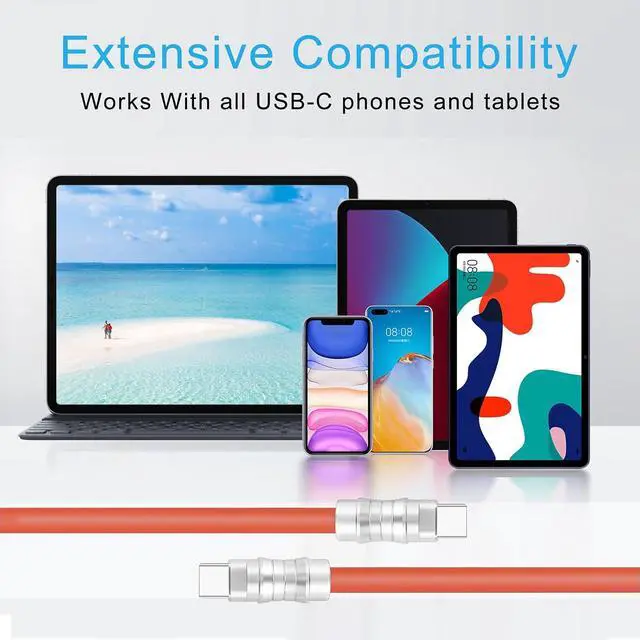 Alt view image 6 of 7 - USB C to USB C Cable, PD100W Skin-Friendly Liquid Silicone Material Fast Charging Cable USB Type C Interface Device Universal Charging Cable (Orange 10Ft)