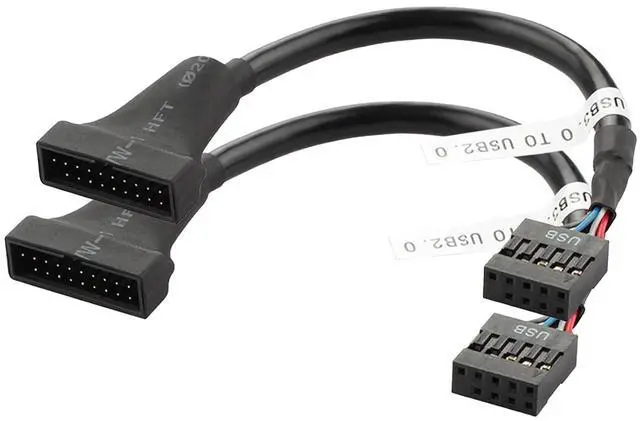 Main image of USB 2.0 9-Pin to USB 3.0 19-Pin Adapter Cable - Internal Motherboard Converter for Front Panel USB 3.0 Type-A Female Port, Black (0.1m 2Pack)