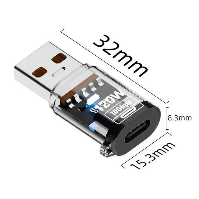Alt view image 3 of 7 - Transparent Shell with Light USB A to USB C Adapter, 120W Power Delivery, 10Gbps Data Transfer, 3 Pack, Black
