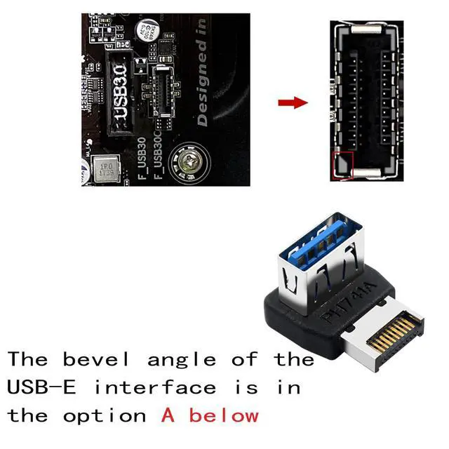 Alt view image 2 of 7 - USB 3.2 Gen2 Type-E to USB 3.0 Female Adapter, 90 Degree Right Angle Internal Header Converter, for Motherboard Front Panel, PC Case Cable Management - (A&B)