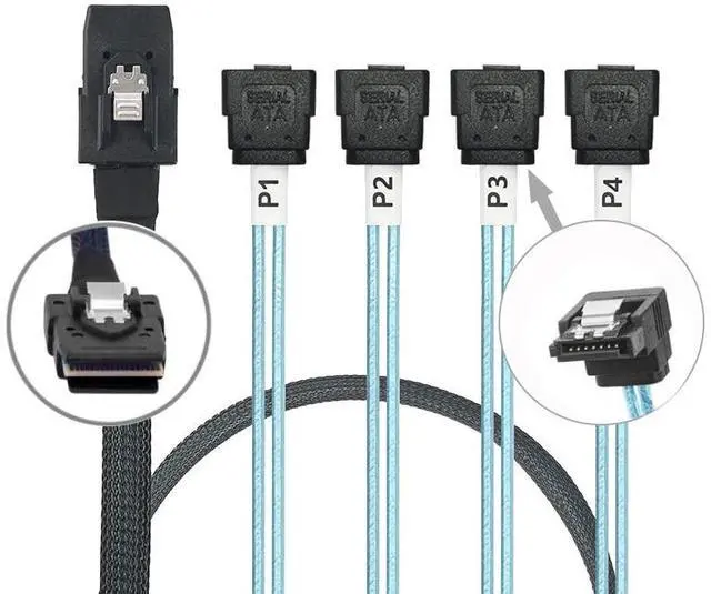 Main image of Array Disk Cable Mini SAS 36Pin (SFF-8087) to 4 SATA 7Pin Cable, Mini SAS Host/Controller to 4 SATA90° Elbow Target/Backplane, 1M(3.3FT)