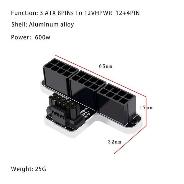 Alt view image 3 of 6 - ATX 3.0 12VHPWR 16Pin (12+4p) to 3X 8-Pin PCIe 5.0 Graphics Card Power Adapter, 600W, 180 Degree Aluminum Alloy (B Type/White)