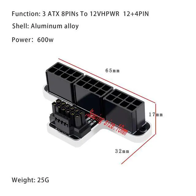 Alt view image 3 of 6 - ATX 3.0 12VHPWR 16Pin (12+4p) to 3X 8-Pin PCIe 5.0 Graphics Card Power Adapter, 600W, 180 Degree Aluminum Alloy (A Type/Black)