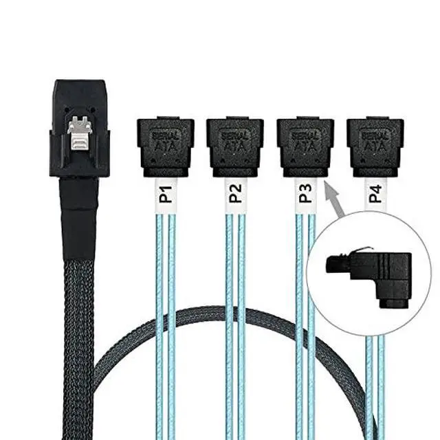 Alt view image 4 of 6 - Array Disk Cable Mini SAS 36Pin (SFF-8087) to 4 SATA 7Pin Cable, Mini SAS Host/Controller to 4 SATA90° Elbow Target/Backplane, 1M(3.3FT)