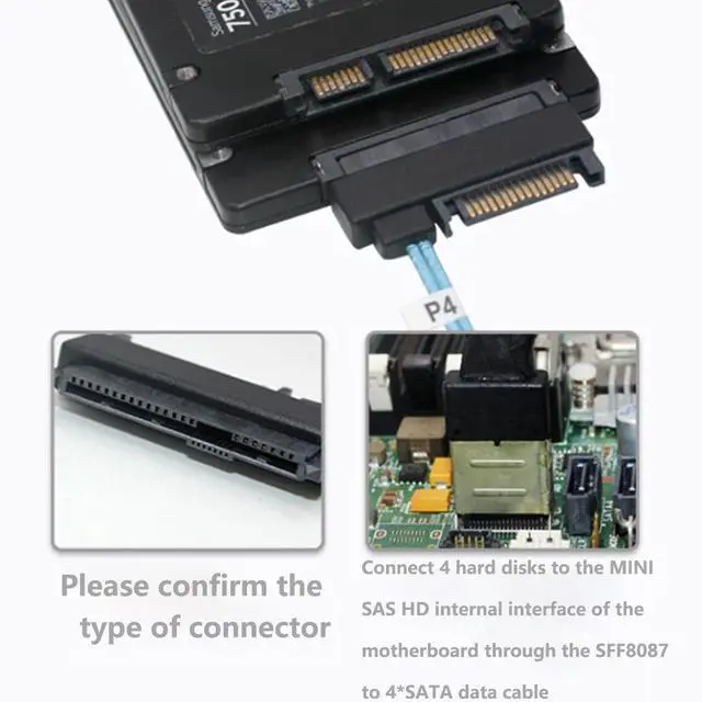 Alt view image 2 of 5 - Internal Mini SAS SFF-8087 36 Pin to 4X SAS 29Pin SFF-8482 Hard Disk SAS Cable with sata Power Port 3.3FT1m