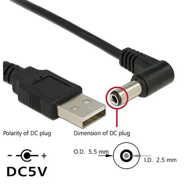 Alt view image 4 of 6 - Cable DC USB 2.0 A Type Male to Right Angled 5.5 x 2.5mm DC 5V Power Plug Barrel 90 Degree Charge Cable 100cm
