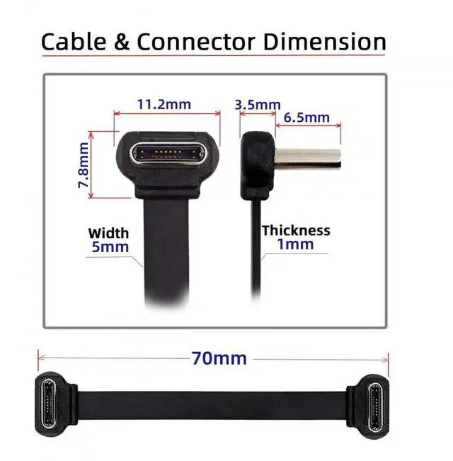 Alt view image 3 of 7 - Cable USB-C Type C to USB-C Ultra Slim Flat Power USB2.0 Data Cable Angled Connector 65W Fast Charge for Laptop Tablet Phone Black