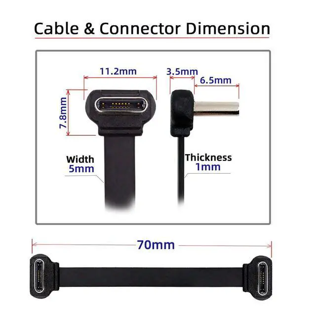 Alt view image 3 of 7 - 2pcs/lot Angled USB-C Type C to USB-C Ultra Slim Flat Power USB2.0 Data Cable 65W Fast Charge for Laptop Tablet Phone