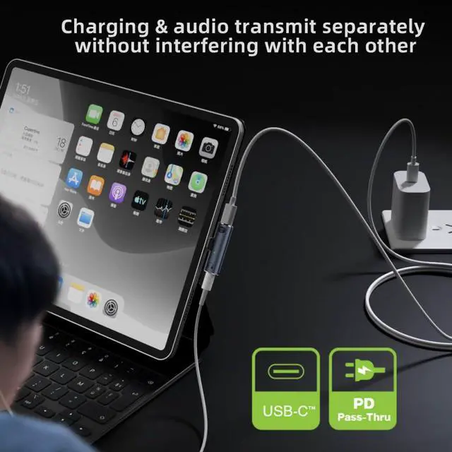 Alt view image 6 of 7 - Audio Adapter USB-C Type-C to 3.5mm Audio DAC AUX Music 16bit 48kHz & 100W PD Power Adapter for Laptop Tablet Phone