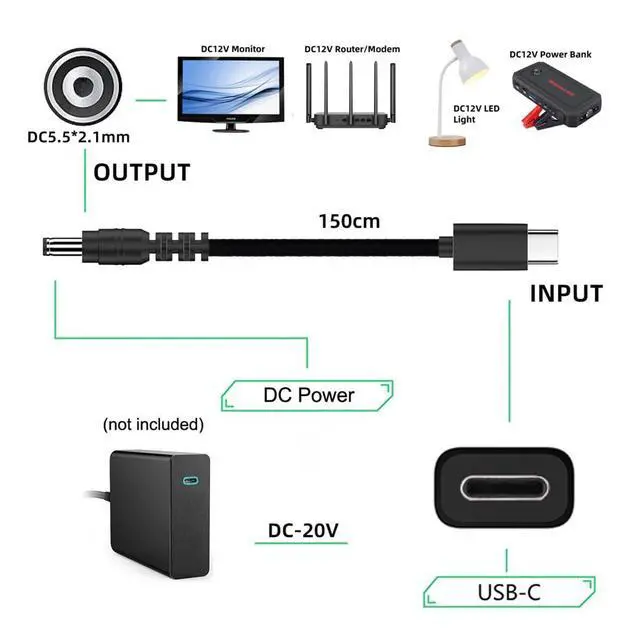 Alt view image 2 of 7 - USB 3.1 Type-C USB-C Male Power Input to DC 12V Output 5.5x2.1mm Plug Cable PD Emulator Trigger Cord 150cm