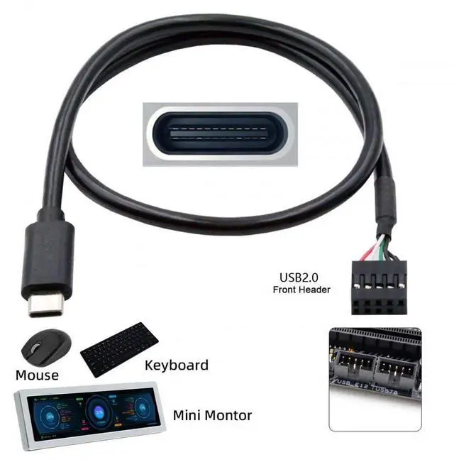 Alt view image 3 of 7 - Cable USB 2.0 Motherboard 9pin 10pin Header to Type-C USB-C Cable 50cm for Mini Monitor Sensor Panel Camera
