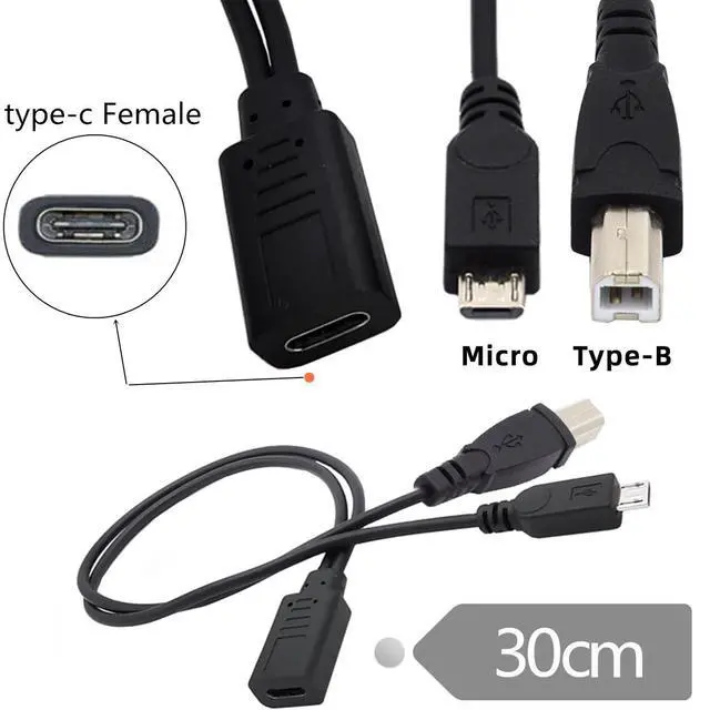 Alt view image 4 of 7 - Cable Type-C USB-C Female to USB2.0 Standard Type-B & Micro USB Male Splitter Extension Charge Cable