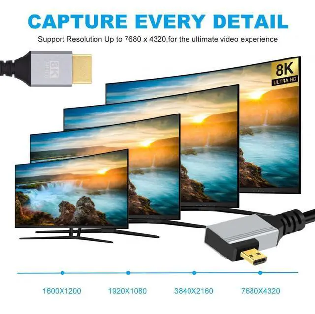 Alt view image 5 of 7 - 90 Degree Left Angled Micro HDMI 2.1 Ultra Thin HDTV Cable 8K 4K Hyper Super Flexible Slim Cord Type-A to Type-D for Camera HDTV 50cm
