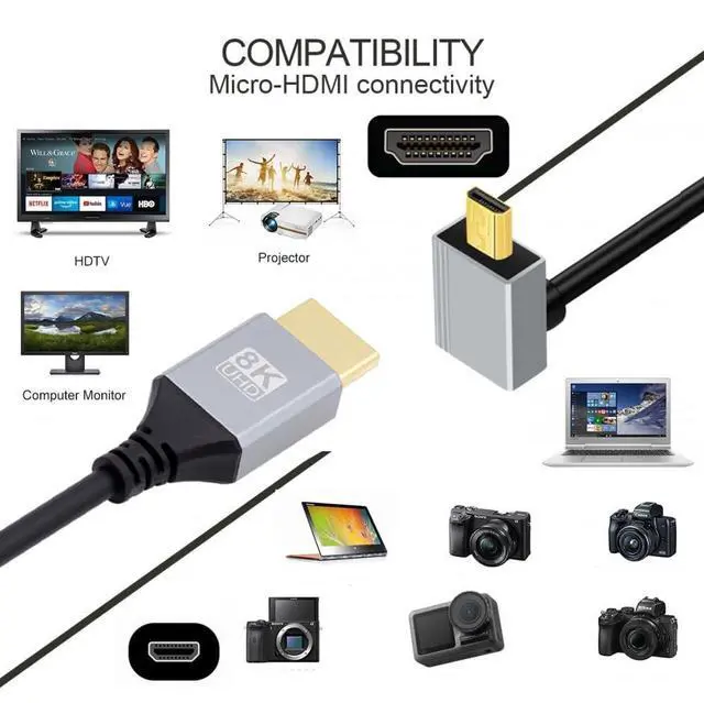 Alt view image 5 of 7 - 90 Degree Up Angled Micro HDMI 2.1 Ultra Thin HDTV Cable 8K 4K Hyper Super Flexible Slim Cord Type-A to Type-D for Camera HDTV 50cm
