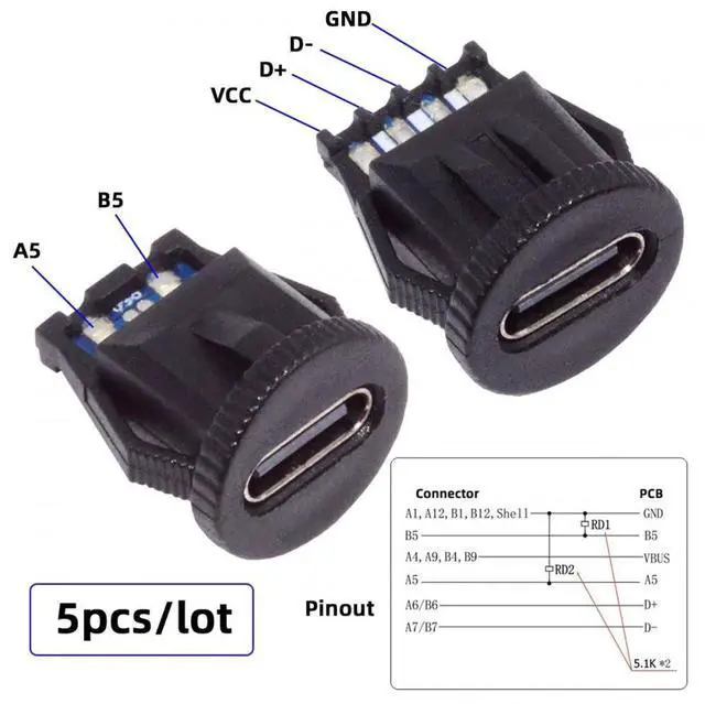Alt view image 3 of 7 - 5pcs/Set DIY OEM Type C Female Socket Connector to 6Pin PCBA Pinout Round Latch Mount Type DC 5V/20V PD Power IP67