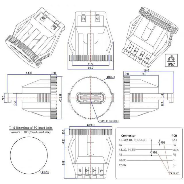 Alt view image 5 of 7 - 5pcs/Set DIY OEM Type C Female Socket Connector to 6Pin PCBA Pinout Round Latch Mount Type DC 5V/20V PD Power IP67