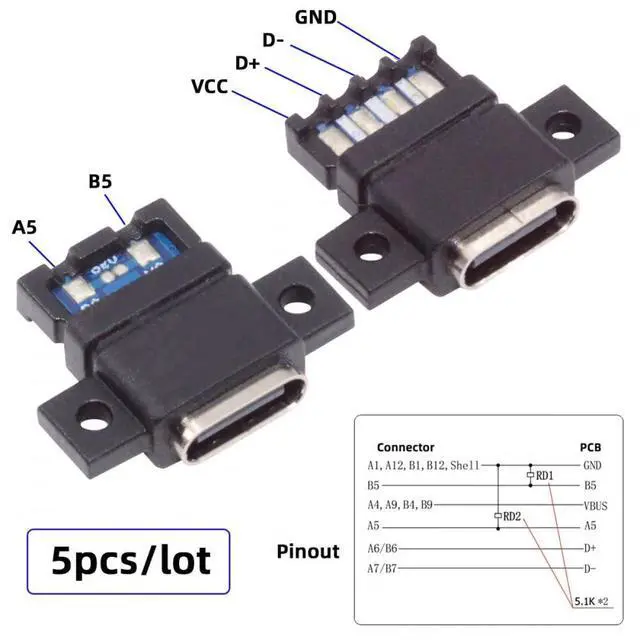 Alt view image 3 of 7 - 5pcs/Set DIY OEM Type C Female Socket Connector to 6Pin PCBA Pinout Flat Scew Mount Type DC 5V/20V PD Power