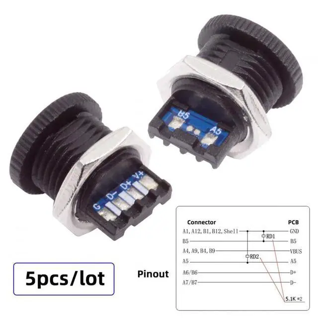Alt view image 3 of 7 - 5pcs/Set DIY OEM Type C Female Socket Connector to 6Pin PCBA Pinout Scew Nut Mount Type DC 5V/20V PD Power