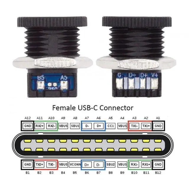 Alt view image 2 of 7 - 5pcs/Set DIY OEM Type C Female Socket Connector to 6Pin PCBA Pinout Scew Nut Mount Type DC 5V/20V PD Power