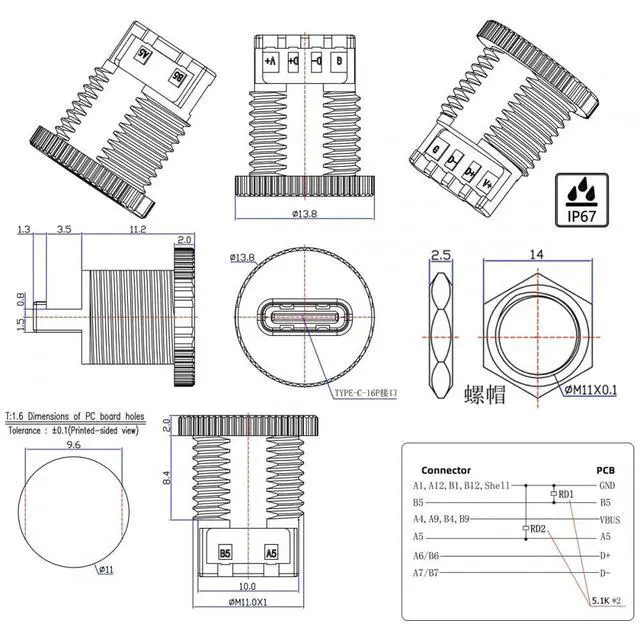 Alt view image 5 of 7 - 5pcs/Set DIY OEM Type C Female Socket Connector to 6Pin PCBA Pinout Scew Nut Mount Type DC 5V/20V PD Power