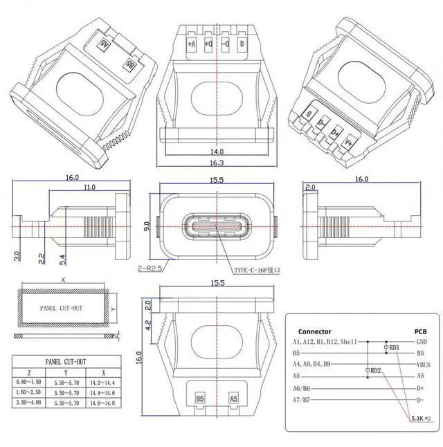 Alt view image 4 of 7 - 5pcs/Set DIY OEM Type C Female Socket Connector to 6Pin PCBA Pinout Rectangle Latch Mount Type DC 5V/20V PD Power IP67
