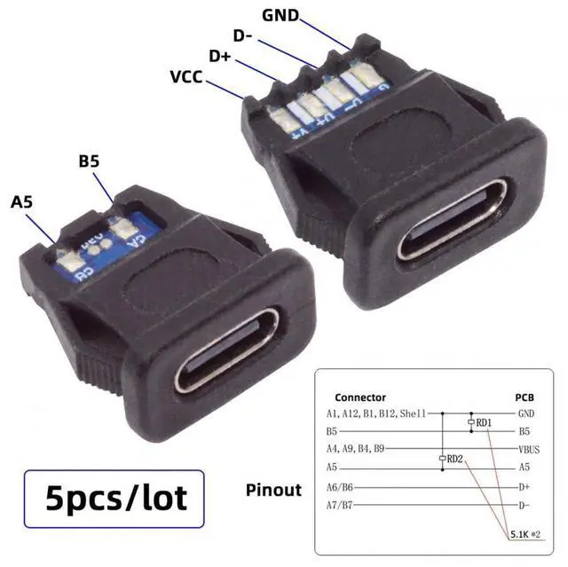 Alt view image 7 of 7 - 5pcs/Set DIY OEM Type C Female Socket Connector to 6Pin PCBA Pinout Rectangle Latch Mount Type DC 5V/20V PD Power IP67