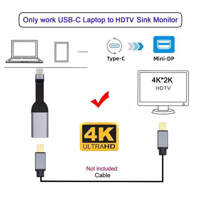 Alt view image 5 of 7 - Cable USB-C Type-C Source to Mini DP Displayport 4K 60hz Sink HDTV Adapter Ultra Slim Flat Cable 1080p for Laptop Tablet Phone