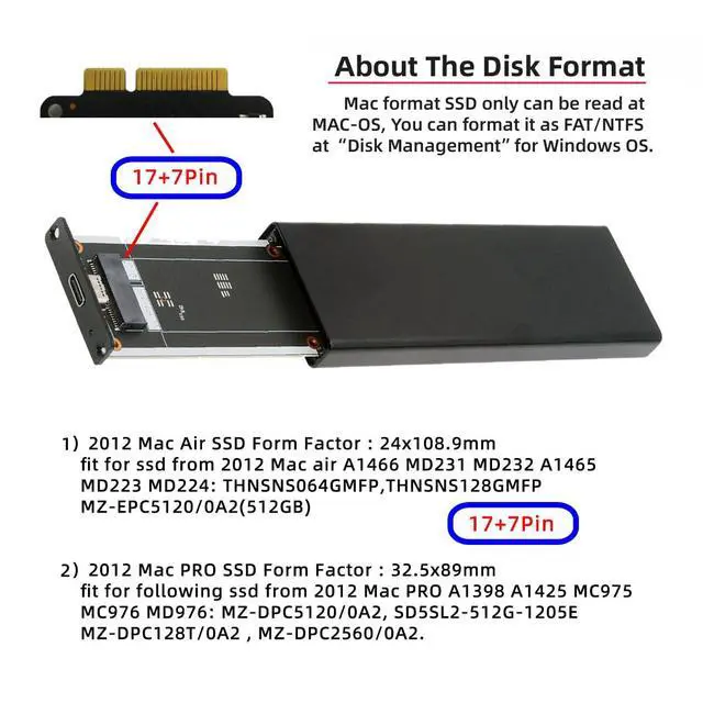 Alt view image 3 of 7 - Adapter USB3.0 Type-C 5Gbps to 17+7Pin Mobile Box USB-C Enclosure for MAC Air Pro Retina 2012 SSD Portable Case
